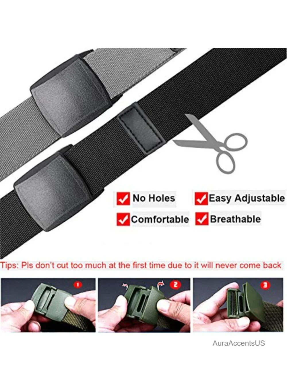 2-Pack Nylon Stretch Belt Men's Tactical Hiking Belt TSA Safe No Metal Plastic